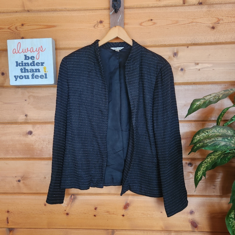 Austin Reed 💜 Vintage Textured Woven Black White Dot Open Front Jcket Blazer 12